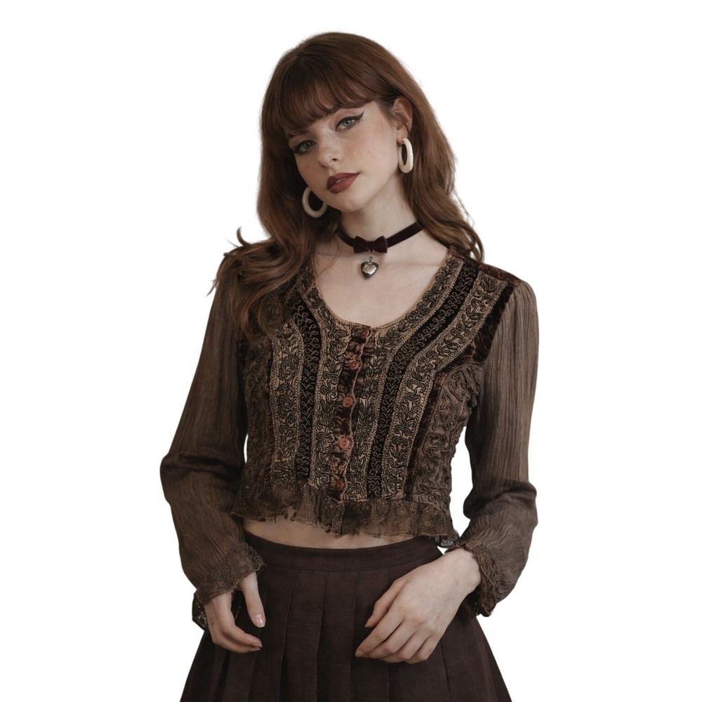Vintage ENCOUNTER‎ Sheer Velvet Burnout Crop Blouse Brown Y2K 90s